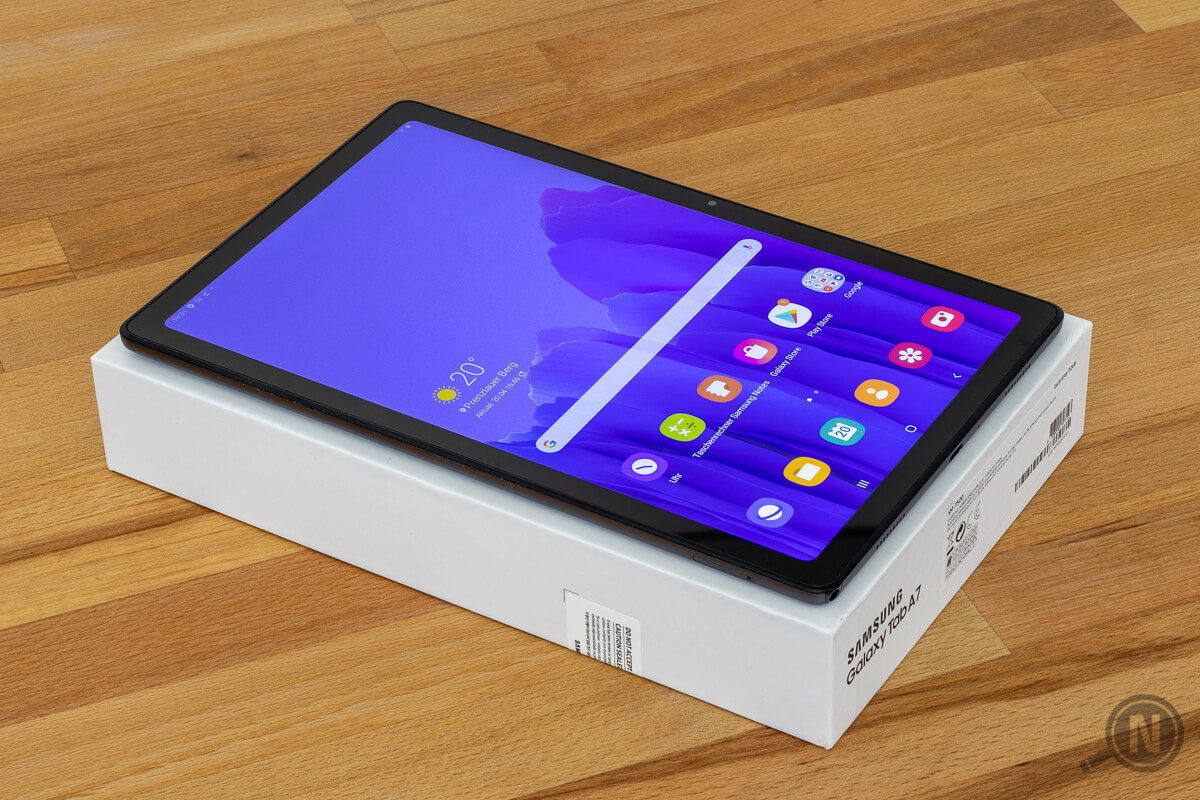 Das Samsung Galaxy Tab A7 auf seiner Packung.