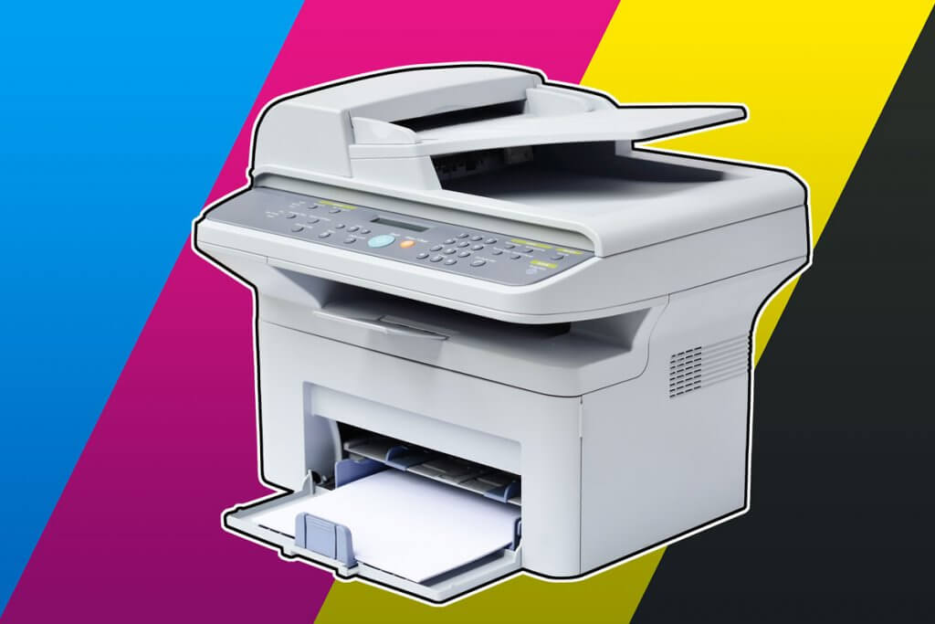 freigestellter A3-Drucker mit Papier im Einschubfach