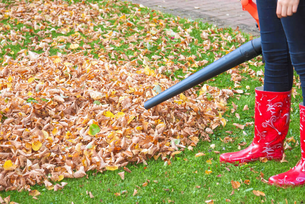 Frau mit Laubbläser im Garten