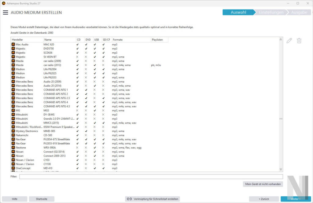 liste mit vielen autoradio-modellen. die cd wird dann in besonderen einstellungen gebrannt, um möglichst grosse kompatibilitaet zu ermoeglichen