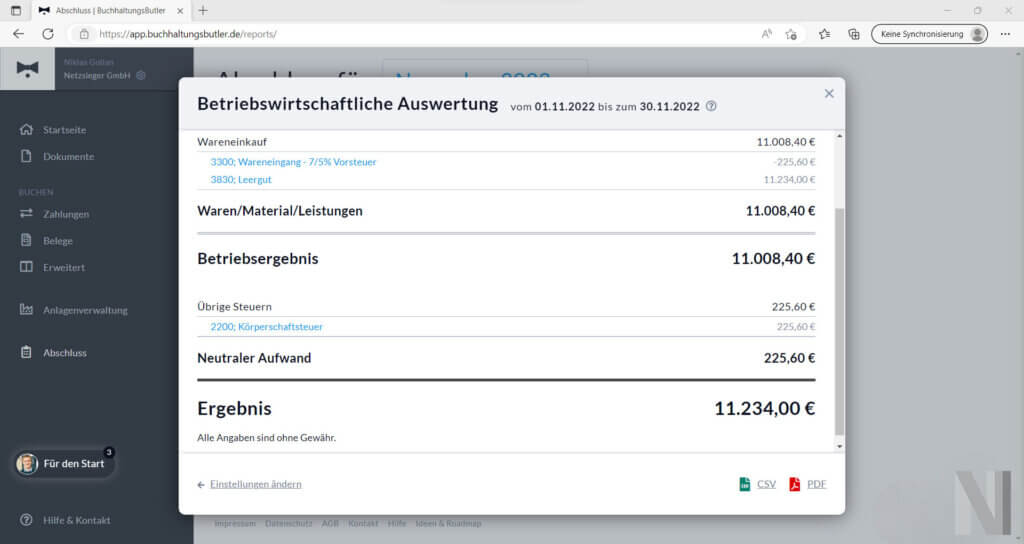 buchhaltungsbutler - maske für die erstellung einer BWA