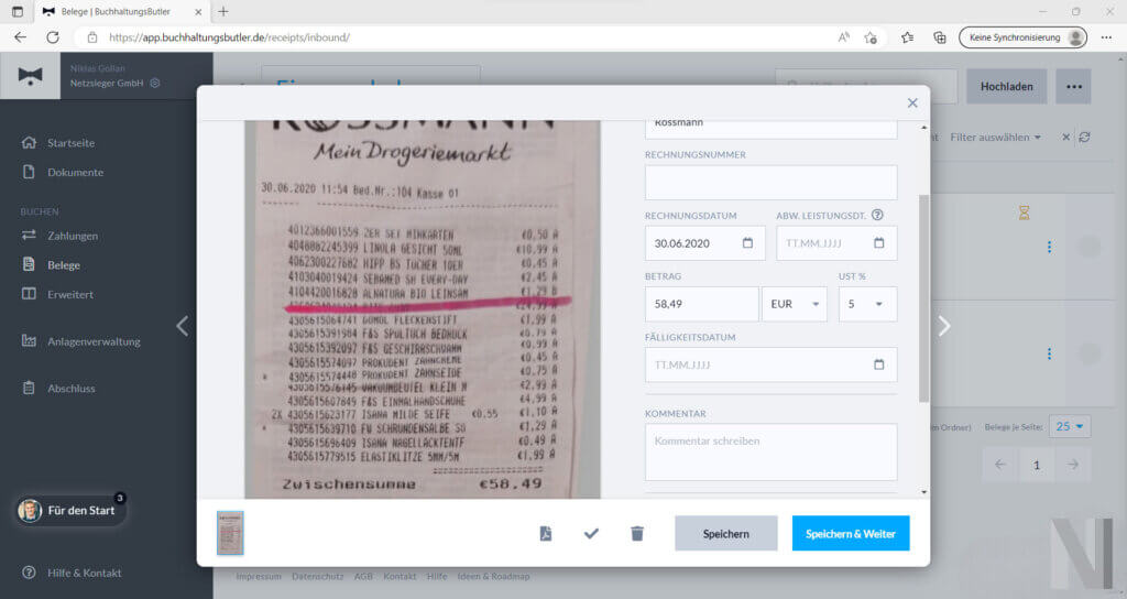 buchhaltungsbutler kassenzettel ocr texterkennung