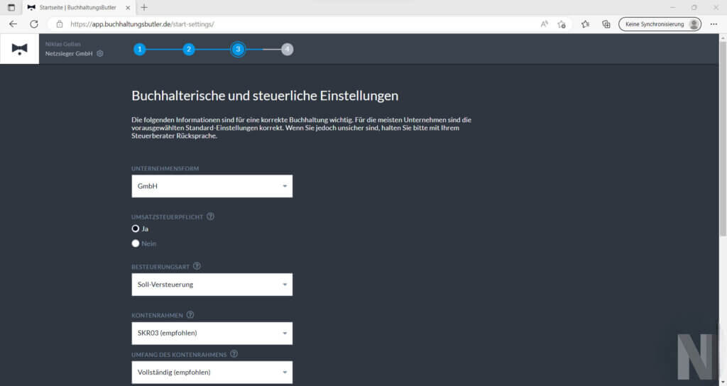 buchhaltungsbutler einstellungsmenü für steuerliche einstellungen