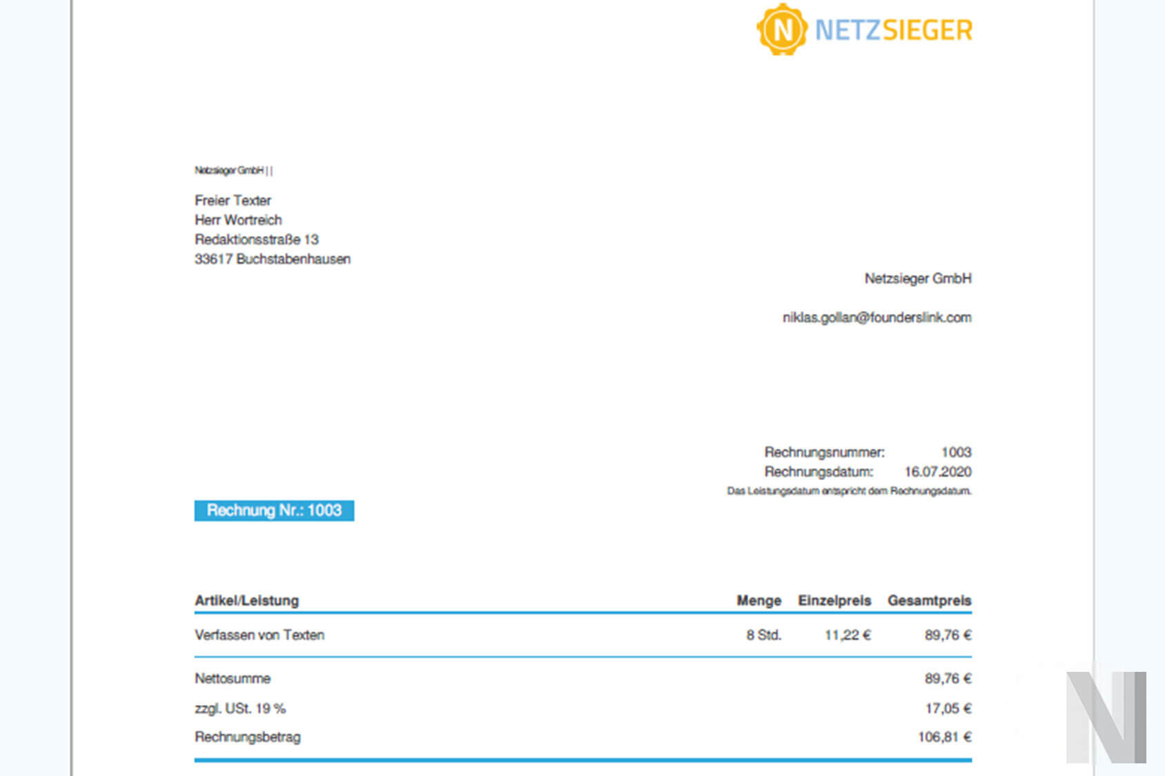 buchhaltungssoftware-buchhaltungsbutler beispielrechnung mit verschiedenen posten und einer summe