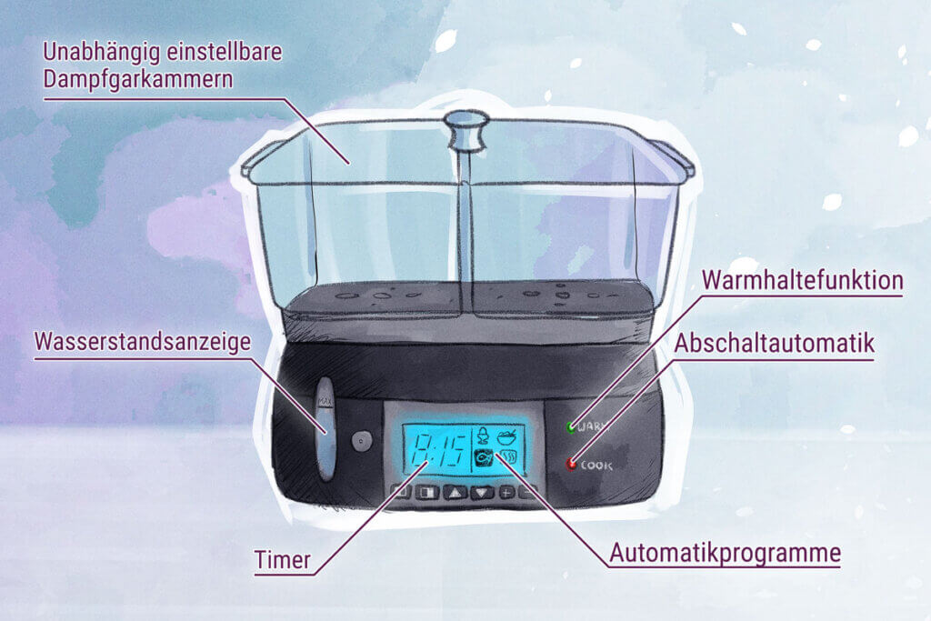 grafik elektrischer dampfgarer mit aufgelisteten funktionen