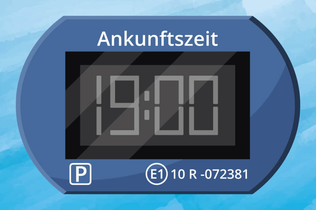 Frontansicht einer elektronischen Parkscheibe mit allen vorgeschriebenen Aufdrucken