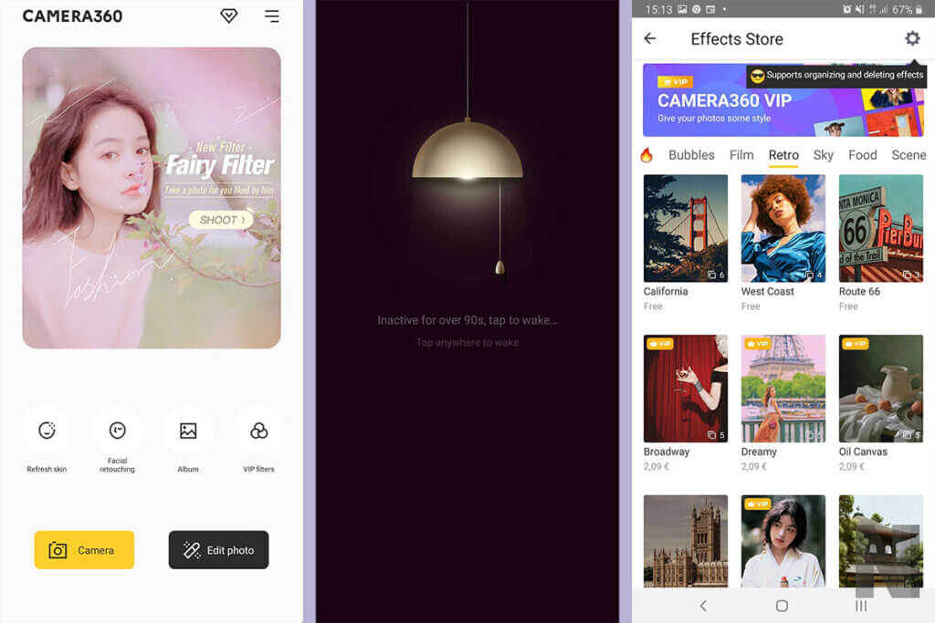 drei Smartphone-Screenshots der Android-App Camera360