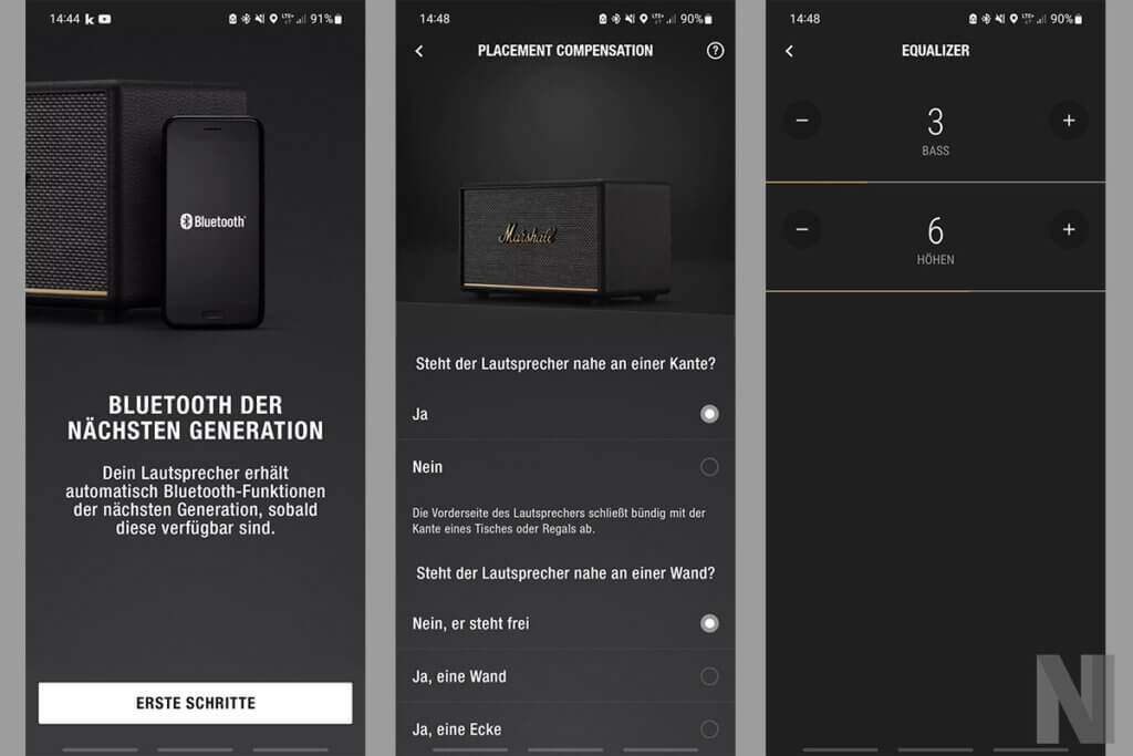 Drei Smartphone-Screenshots zeigen die Einstellungsmöglichkeit in der Marshall-Bluetooth-App
