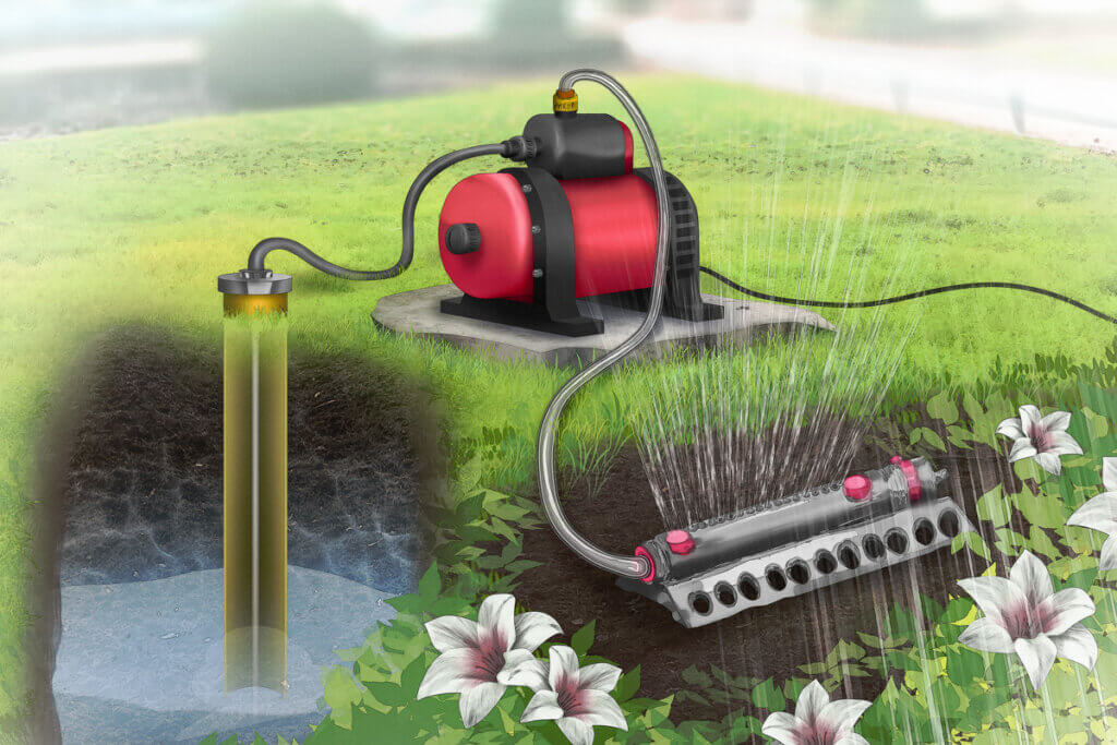 Eine Gartenpumpe foerdert Wasser und versorgt damit einen Rasensprenger