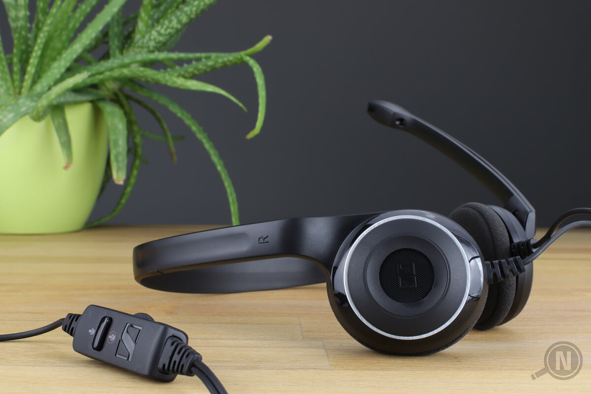 Schwarzes Headset mit Fernsteuerung auf Holztisch, Aloe-Vera-Pflanze im Hintergrund