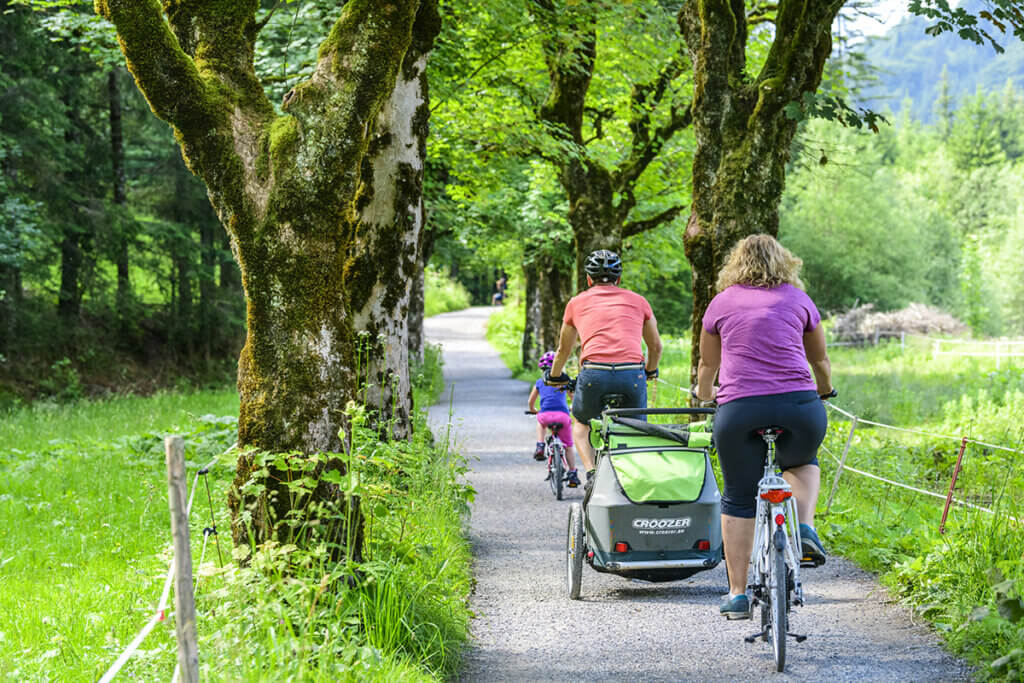 Familie beim Radeln mit Fahrradträger