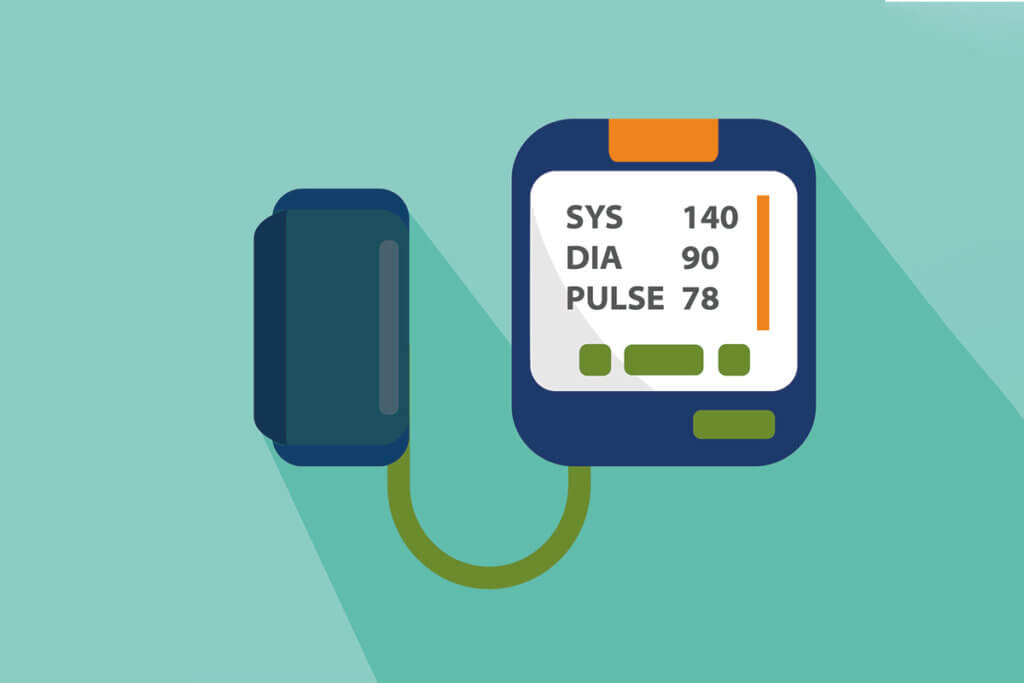 Blutdruckmessgerät mit Anzeige: SYS 140; DIA 90; PULSE 78