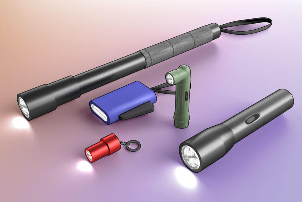 grafik von einer klassischen taschenlampe einer stabtaschenlampe, einer minitaschenlampe als Schlüsselanhänger, einer dynamo-taschenlampe und einer winkeltaschenlampe