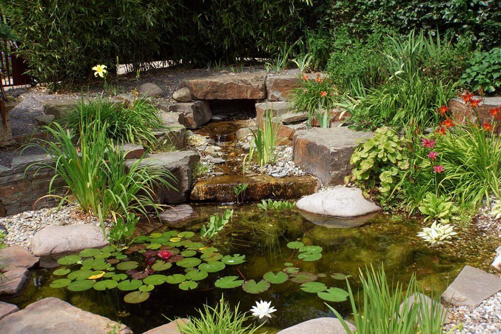 Gartenteich mit kleinem Wasserfall