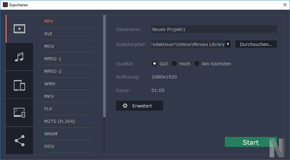 Auflistung der unterstützten Video-Formate