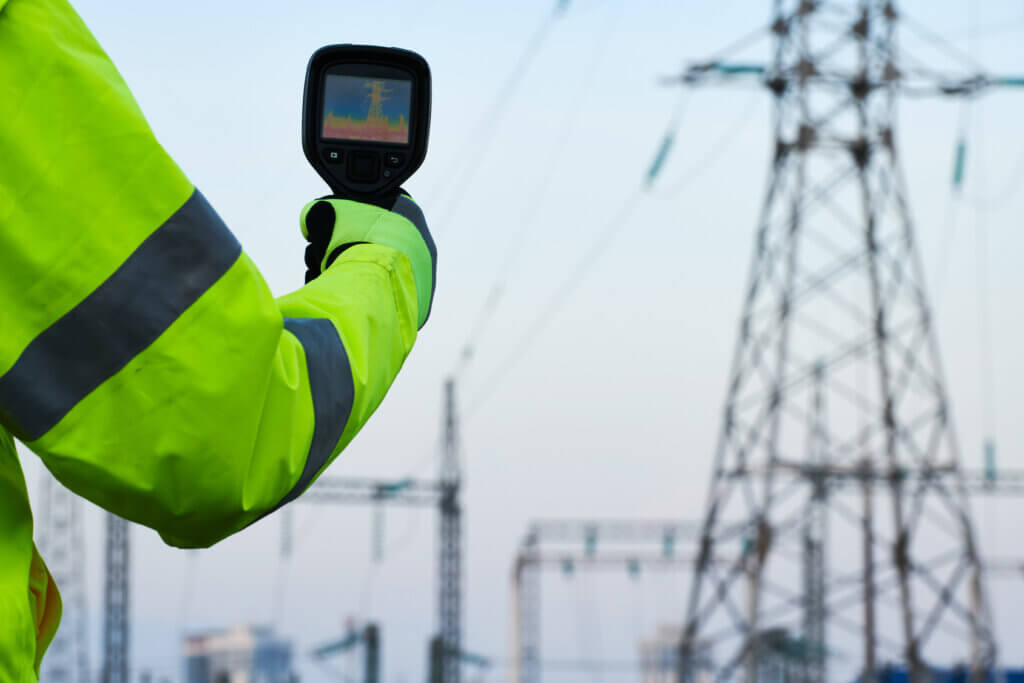 Mann untersucht Strommast mit Wärmebildkamera